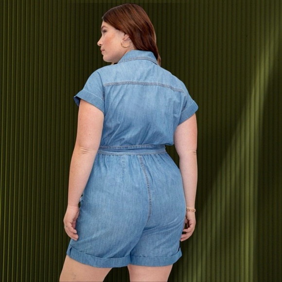 NWT Eloquii Elements Chambray Blue Belted Denim Romper Plus Size 28 - Picture 2 of 16